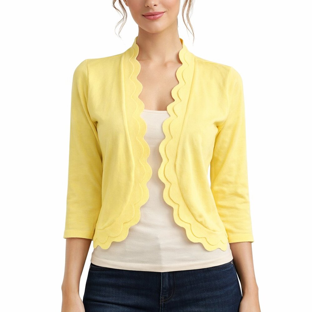 Nina Leonard Yellow Scalloped Bolero Shrug Cardigan 3/4 Sleeve Size Large